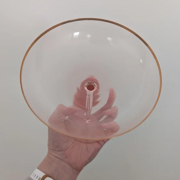 Anthropologie Elegant Pink Glass Champagne Coupe with Gold Rim - Picture 2 of 11